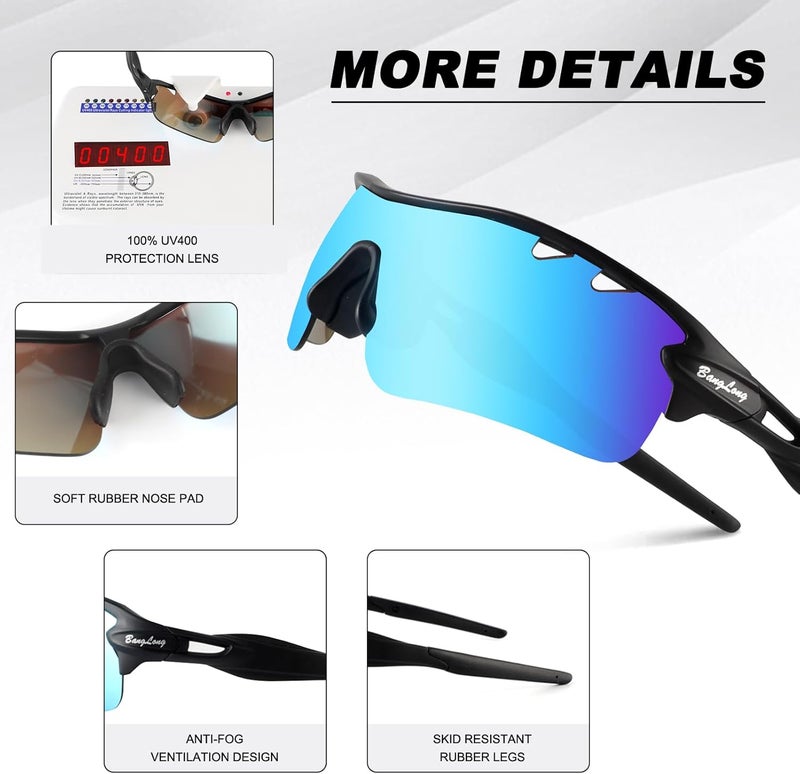 BangLong Polarized Sports Sunglasses Cycling Sun Glasses for Men Women with 5 Interchangeable Lenes for Running Baseball Golf - Image 5